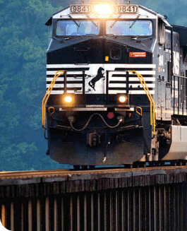 A black freight train engine with the number 9841 travels on a railway track, surrounded by a green, forested area. The front lights are on, and a horse logo is visible on the front